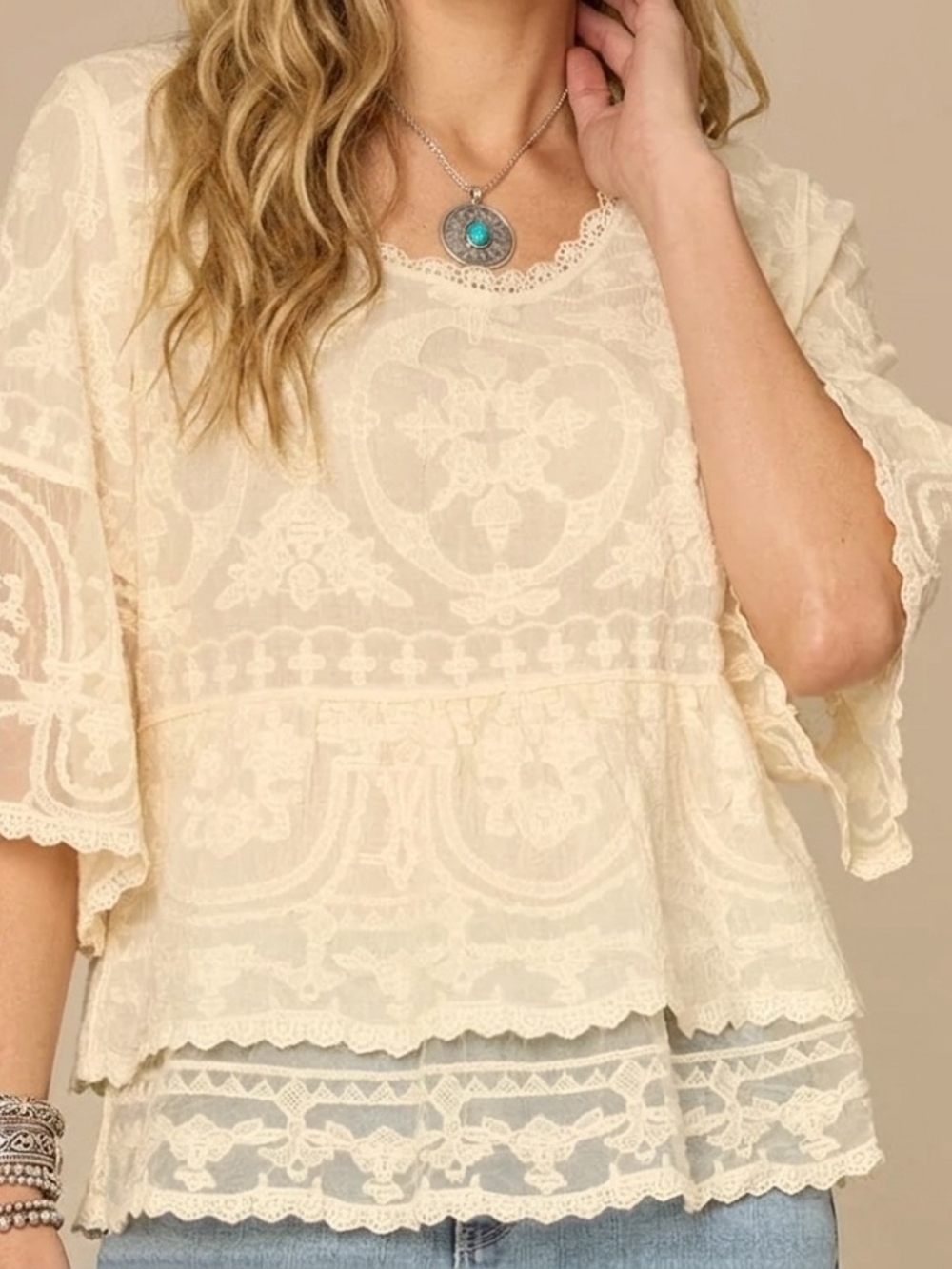 NEW Democracy Cream Lace Tiered Peplum Tunic